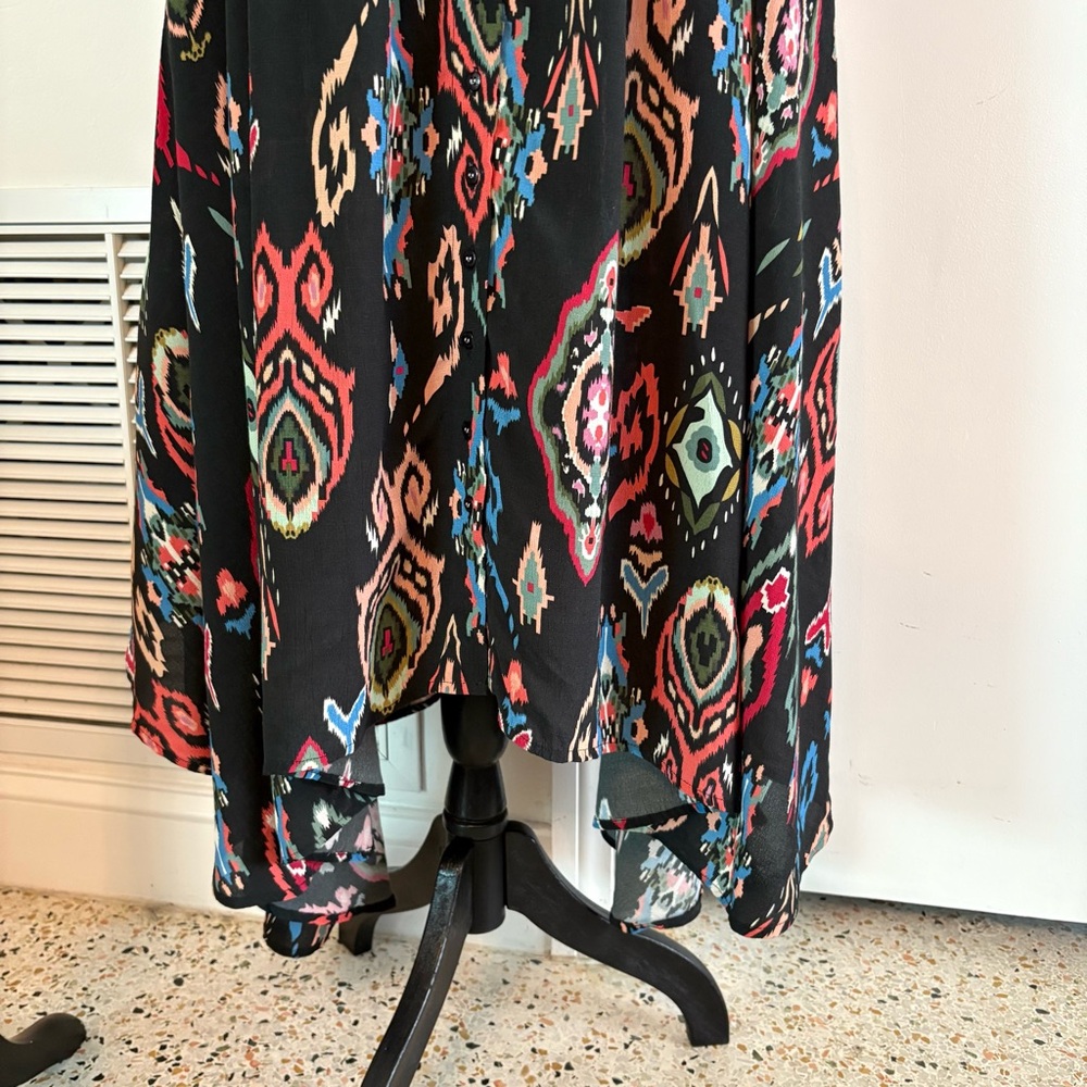 TOLANI Long Black Geometric Tribal Print Asymmetrical Contrast NEW Maxi Dress! - Picture 7 of 16